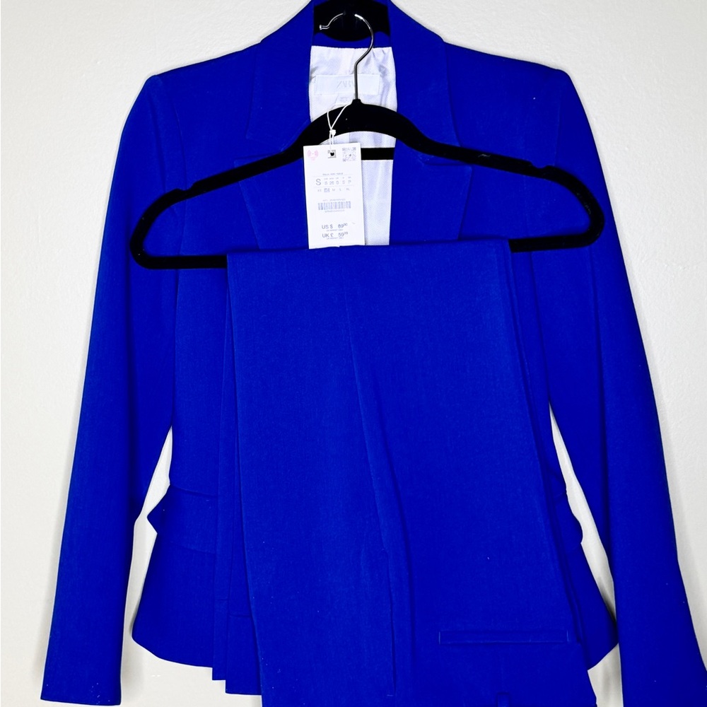 Zara Vibrant Royal Blue Blazer & Straight Pants w/ Turned Up Cuffs